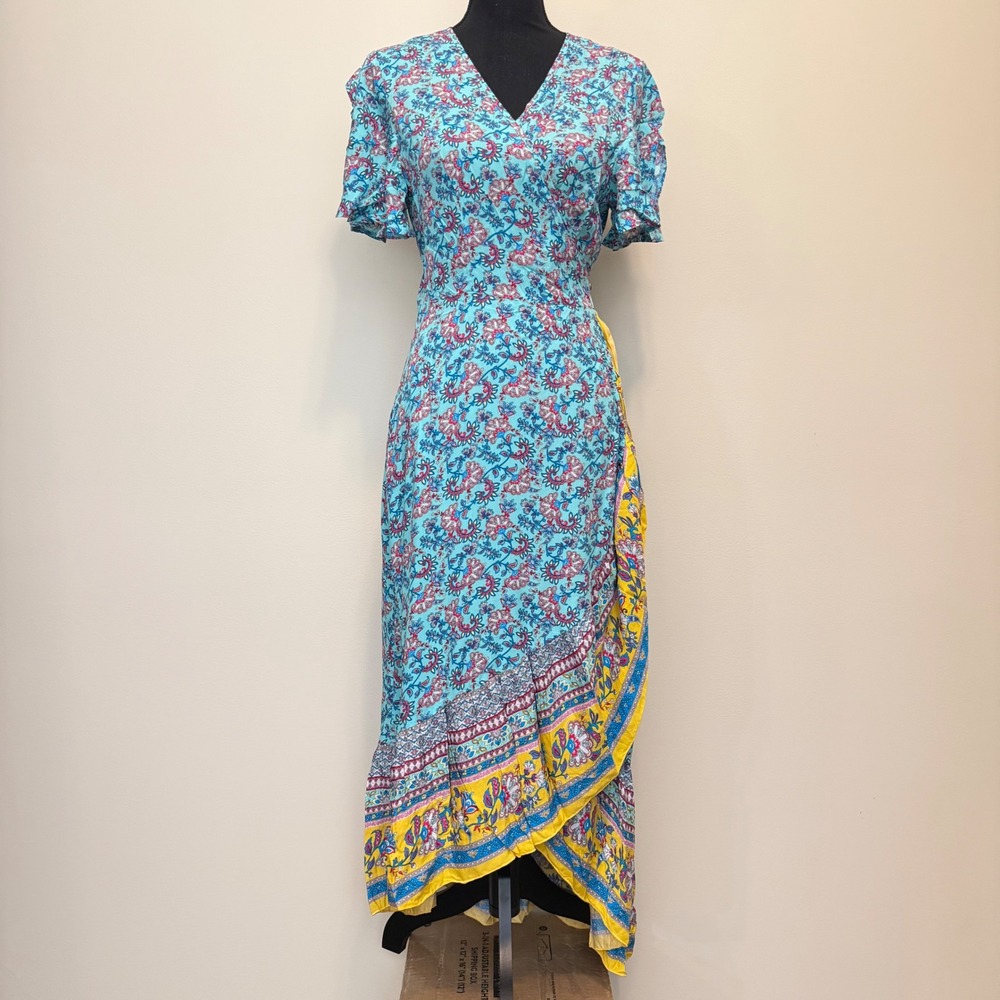 NEW GLM Clothing Blue Floral Paisley Wrap Midi Dress Womens M Cottagecore Boho